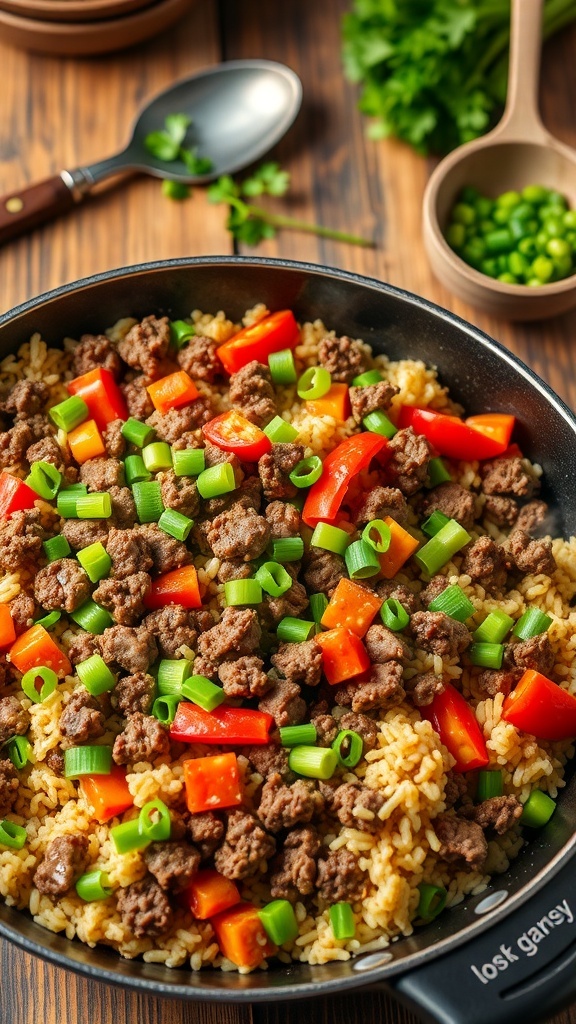 A skillet with ground beef and cauliflower rice, colorful bell peppers, and tomatoes, garnished with green onions.